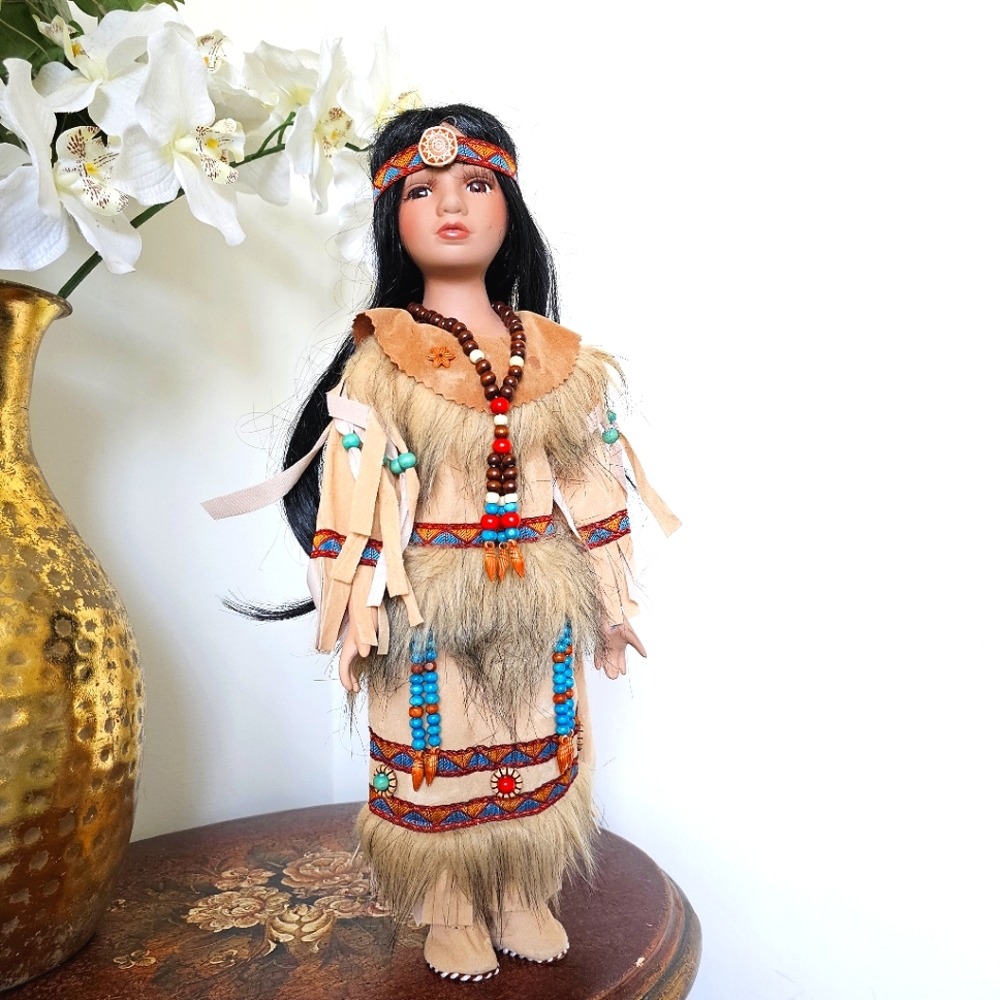 Stunning Porcelain Doll Native American Cultural Outfit  Beads, Fringe Details